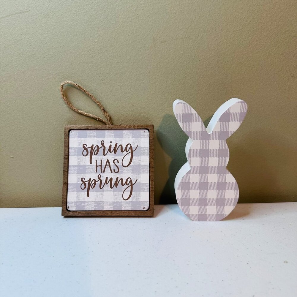 SPRING HAS SPRUNG small wood sign AND Easter Bunny springtime tiered tray decor